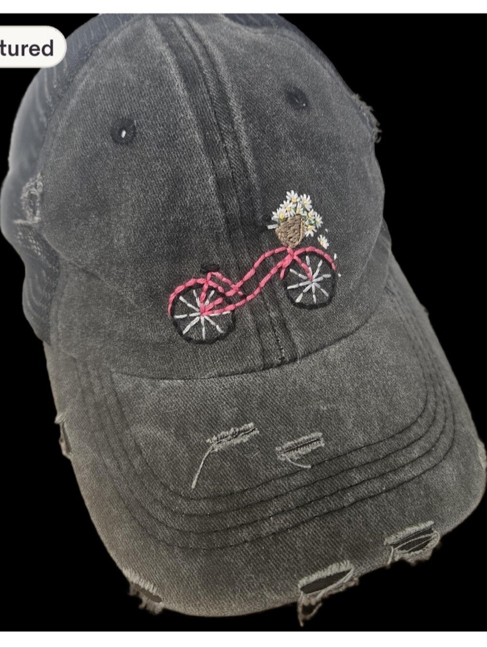 Baseball Cap with Hand Embroidered Bicycle and Flowers